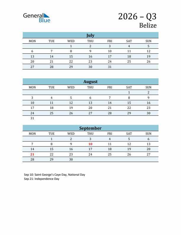 Three-Month Planner for Q3 2026 with Holidays - Belize
