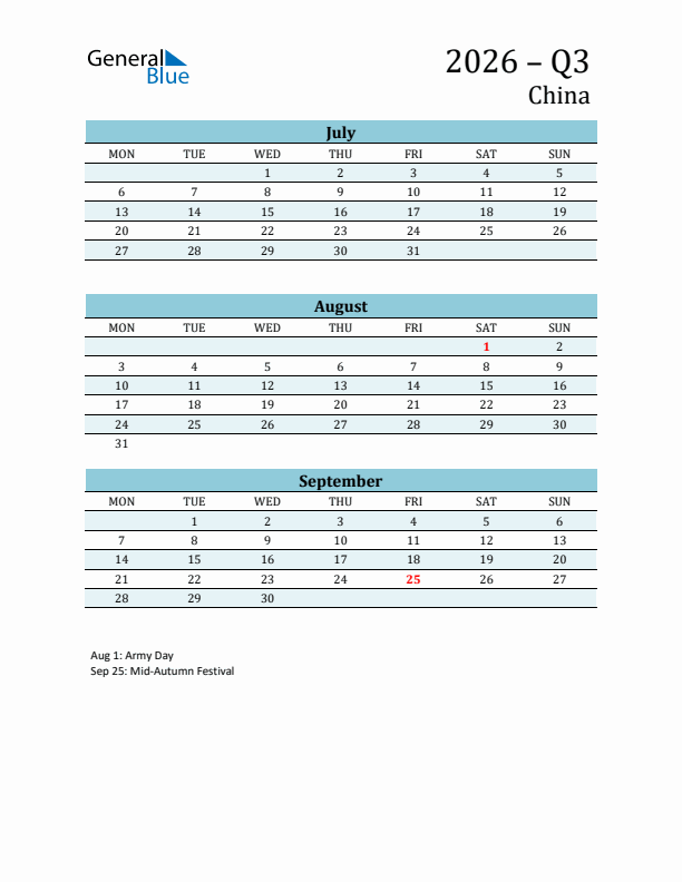 Three-Month Planner for Q3 2026 with Holidays - China