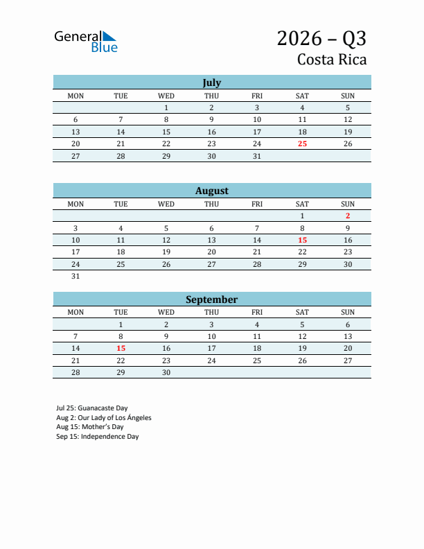 Three-Month Planner for Q3 2026 with Holidays - Costa Rica