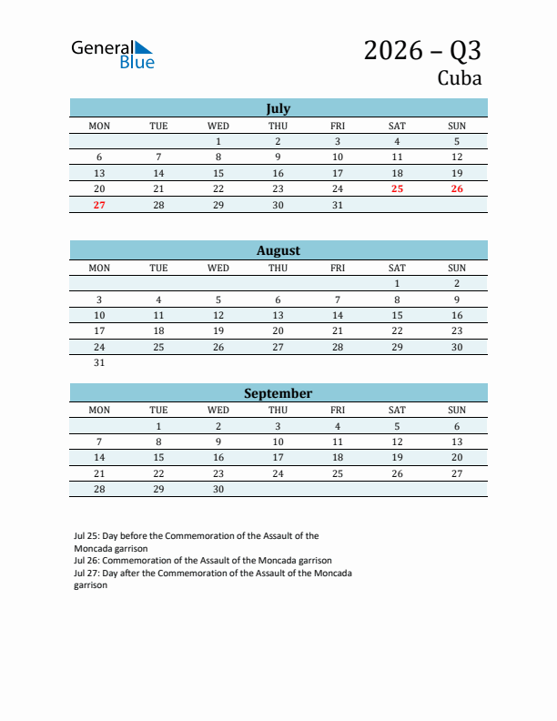 Three-Month Planner for Q3 2026 with Holidays - Cuba