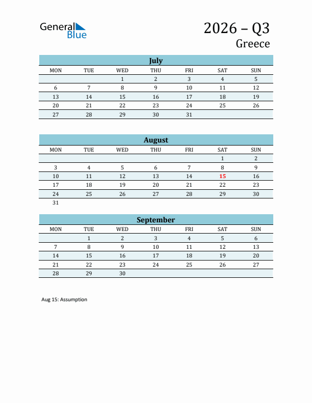 Three-Month Planner for Q3 2026 with Holidays - Greece