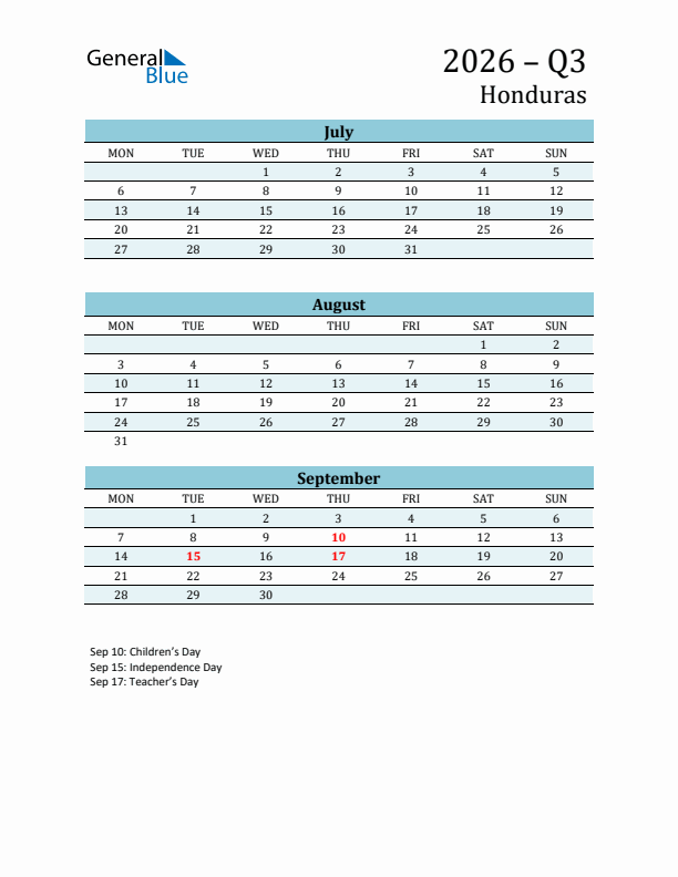 Three-Month Planner for Q3 2026 with Holidays - Honduras