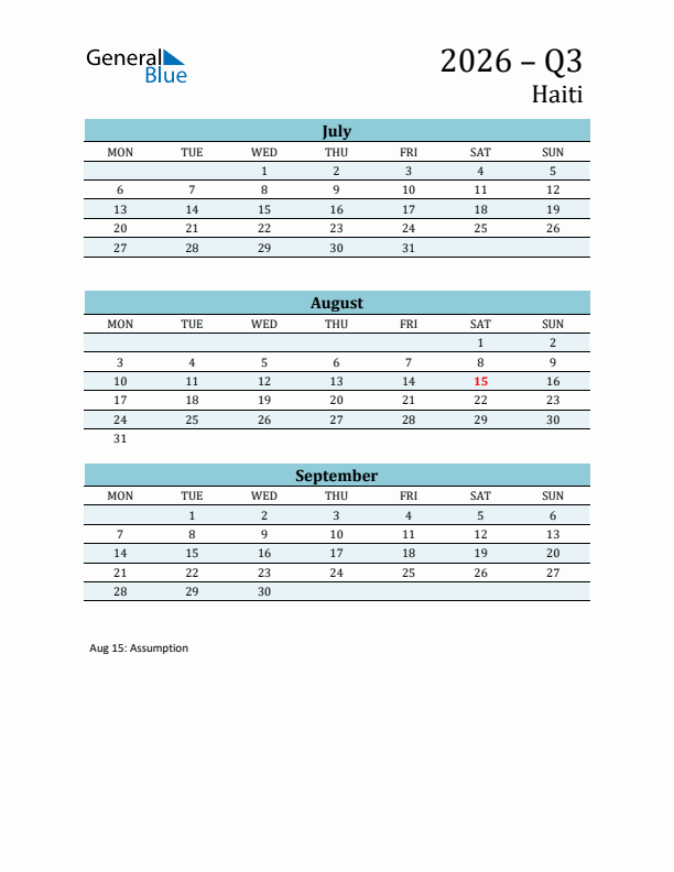 Three-Month Planner for Q3 2026 with Holidays - Haiti