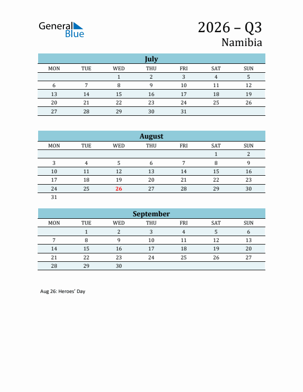 Three-Month Planner for Q3 2026 with Holidays - Namibia