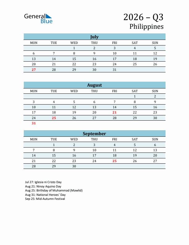 Three-Month Planner for Q3 2026 with Holidays - Philippines
