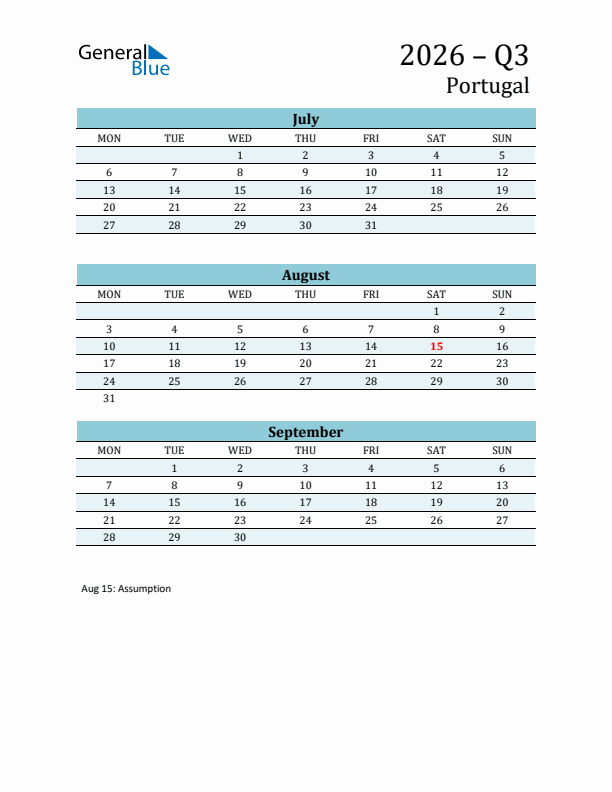 Three-Month Planner for Q3 2026 with Holidays - Portugal