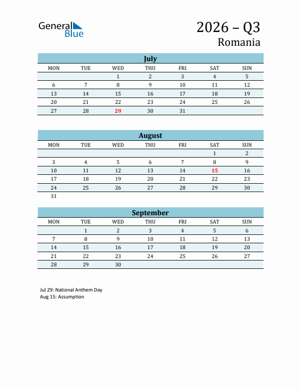Three-Month Planner for Q3 2026 with Holidays - Romania