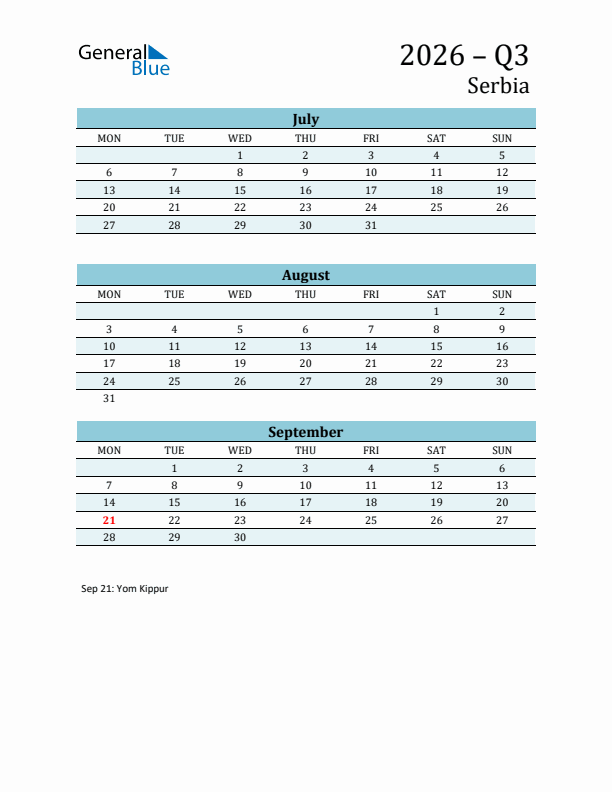 Three-Month Planner for Q3 2026 with Holidays - Serbia