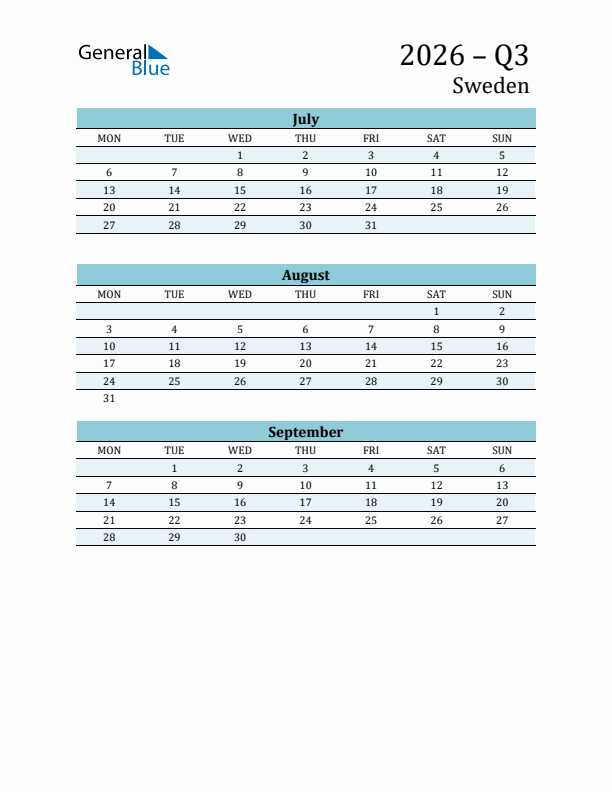 Three-Month Planner for Q3 2026 with Holidays - Sweden