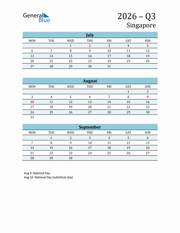 Three-Month Planner for Q3 2026 with Holidays - Singapore