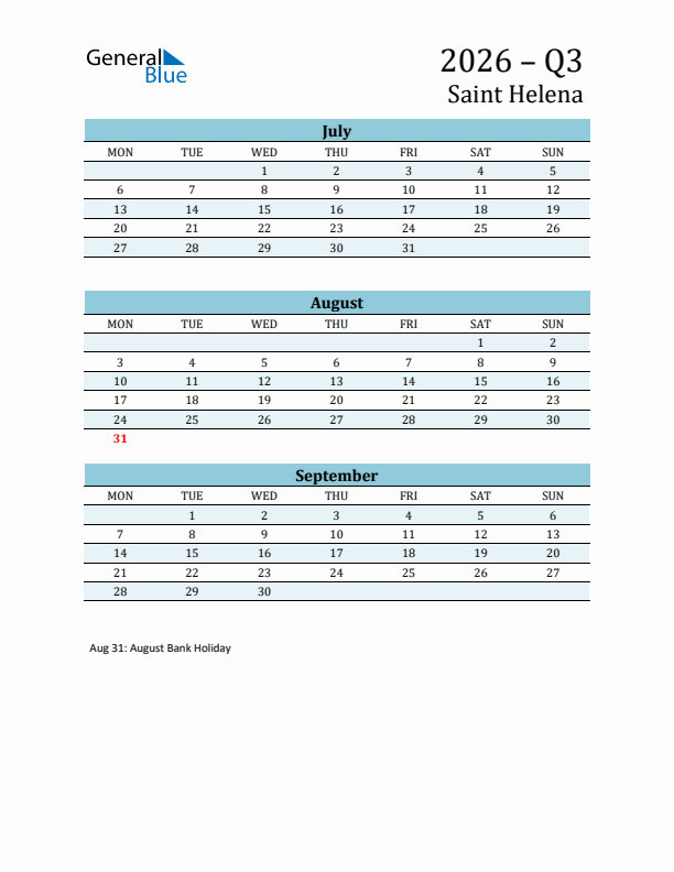 Three-Month Planner for Q3 2026 with Holidays - Saint Helena