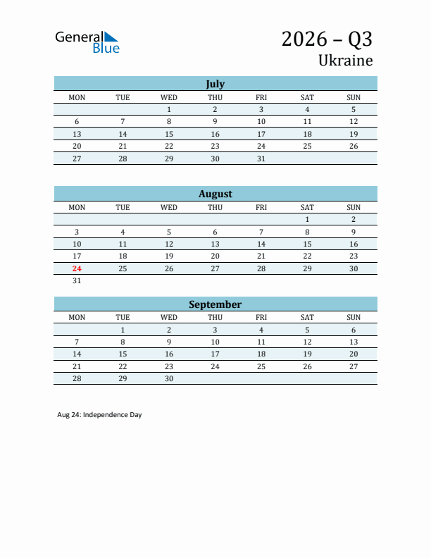 Three-Month Planner for Q3 2026 with Holidays - Ukraine