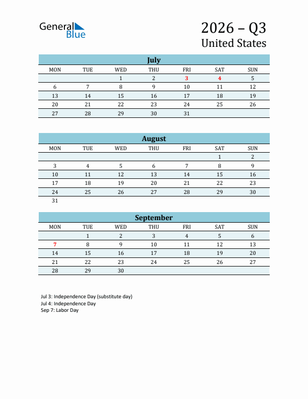 Three-Month Planner for Q3 2026 with Holidays - United States