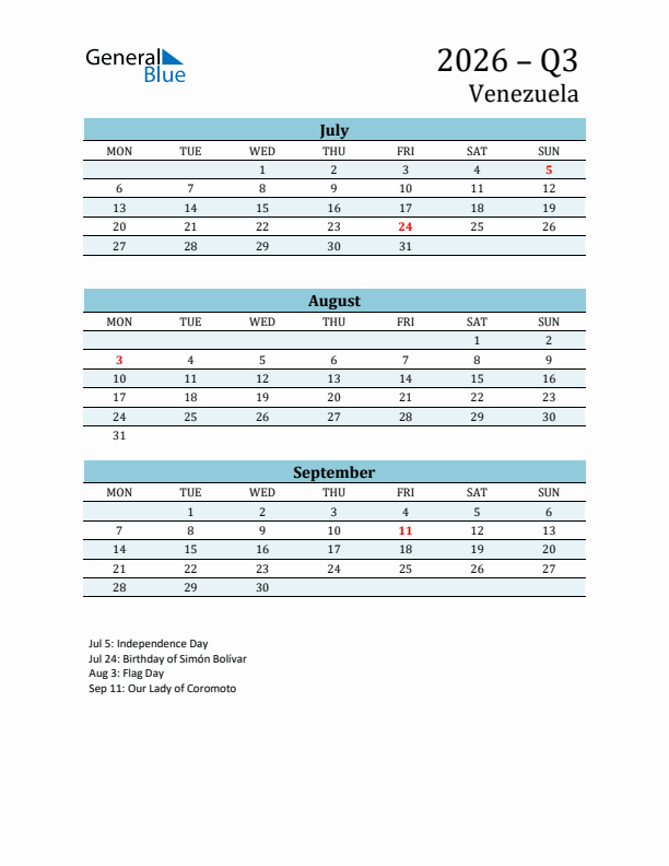 Three-Month Planner for Q3 2026 with Holidays - Venezuela