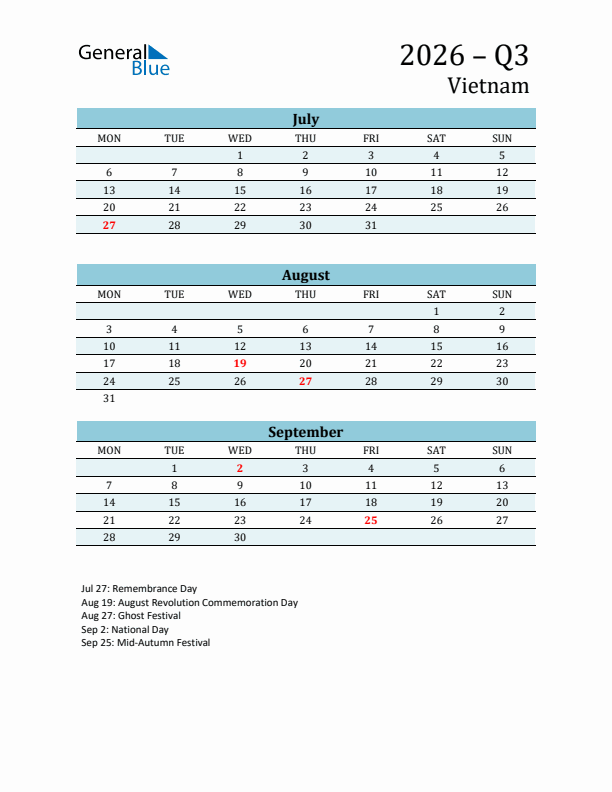 Three-Month Planner for Q3 2026 with Holidays - Vietnam