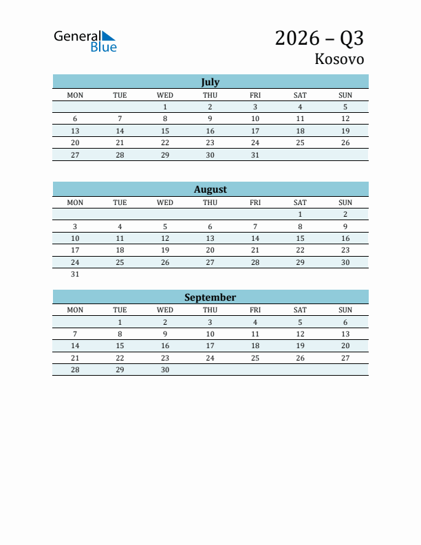 Three-Month Planner for Q3 2026 with Holidays - Kosovo