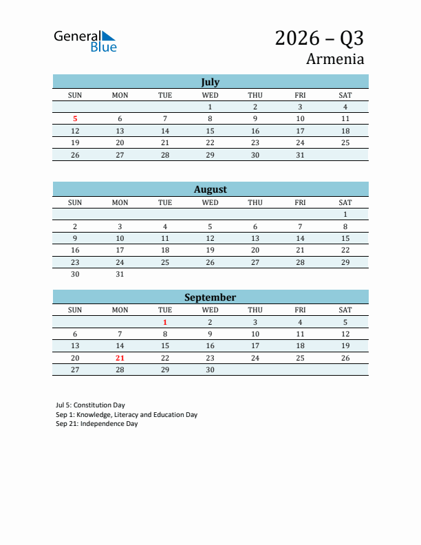 Three-Month Planner for Q3 2026 with Holidays - Armenia