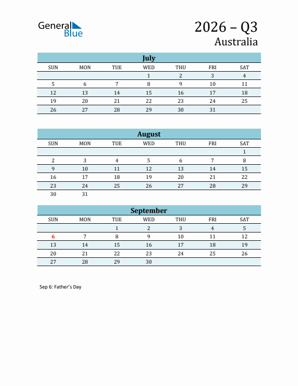 Three-Month Planner for Q3 2026 with Holidays - Australia