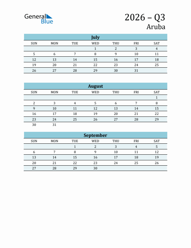 Three-Month Planner for Q3 2026 with Holidays - Aruba