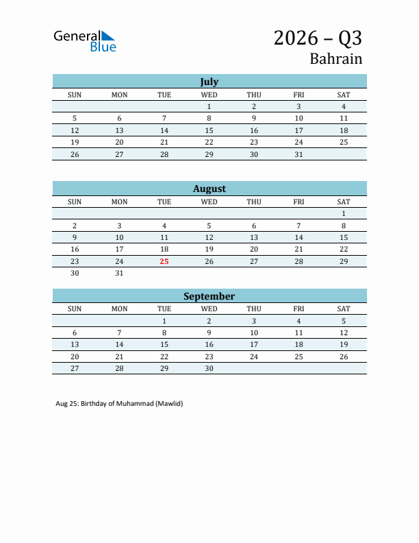 Three-Month Planner for Q3 2026 with Holidays - Bahrain