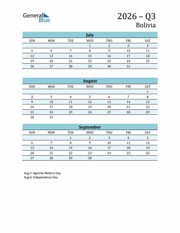 Three-Month Planner for Q3 2026 with Holidays - Bolivia