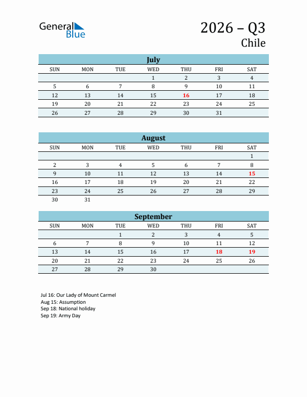 Three-Month Planner for Q3 2026 with Holidays - Chile