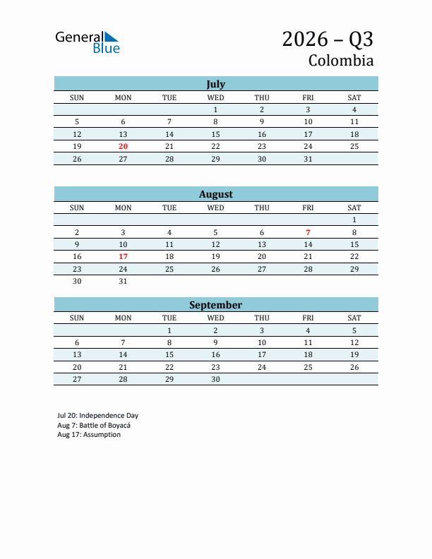 Three-Month Planner for Q3 2026 with Holidays - Colombia