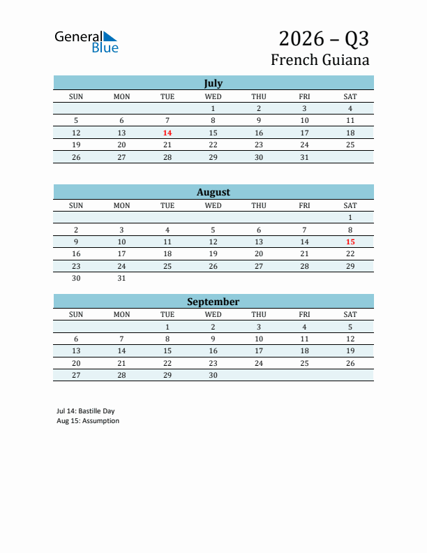 Three-Month Planner for Q3 2026 with Holidays - French Guiana
