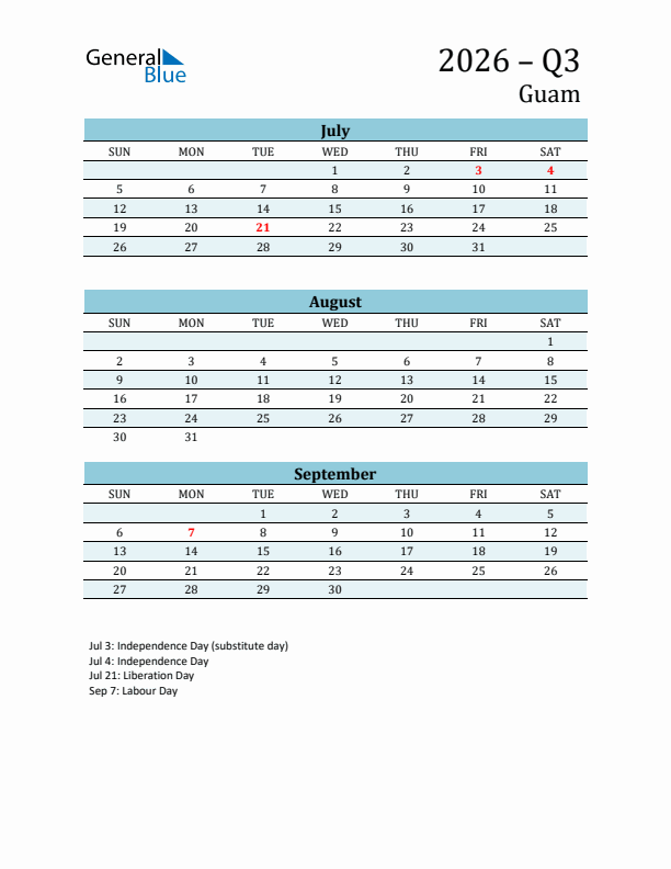 Three-Month Planner for Q3 2026 with Holidays - Guam