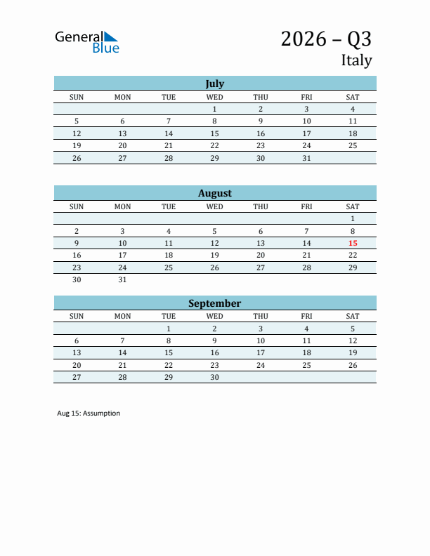 Three-Month Planner for Q3 2026 with Holidays - Italy
