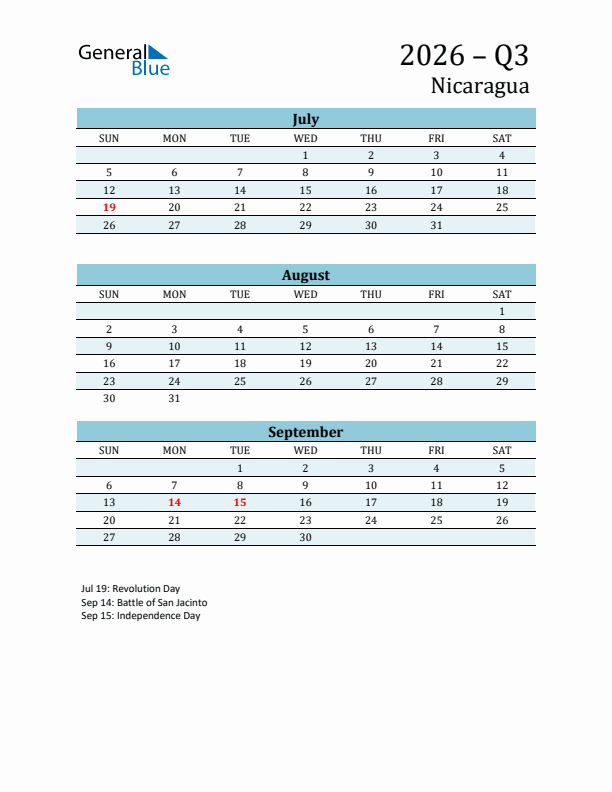 Three-Month Planner for Q3 2026 with Holidays - Nicaragua
