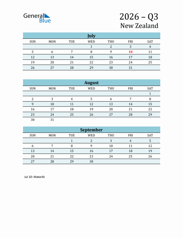 Three-Month Planner for Q3 2026 with Holidays - New Zealand