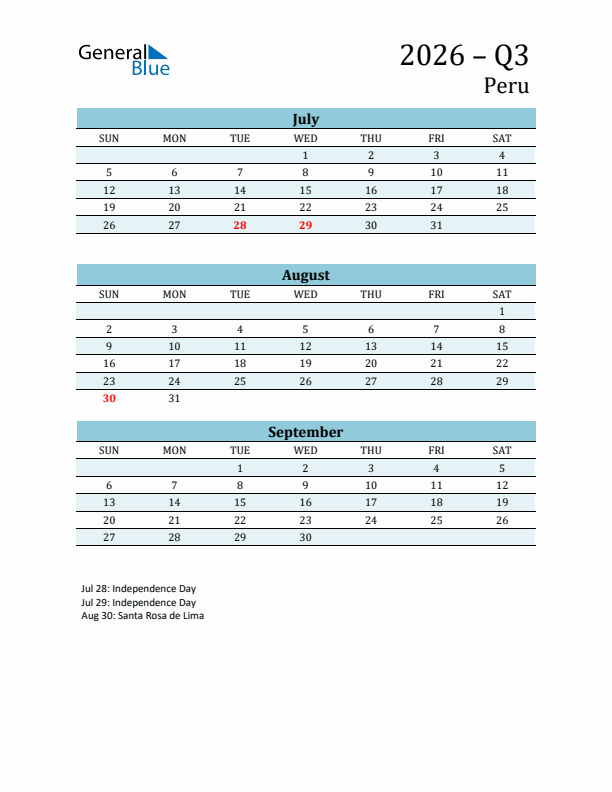 Three-Month Planner for Q3 2026 with Holidays - Peru