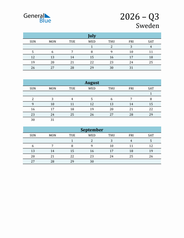 Three-Month Planner for Q3 2026 with Holidays - Sweden