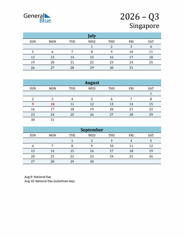 Three-Month Planner for Q3 2026 with Holidays - Singapore