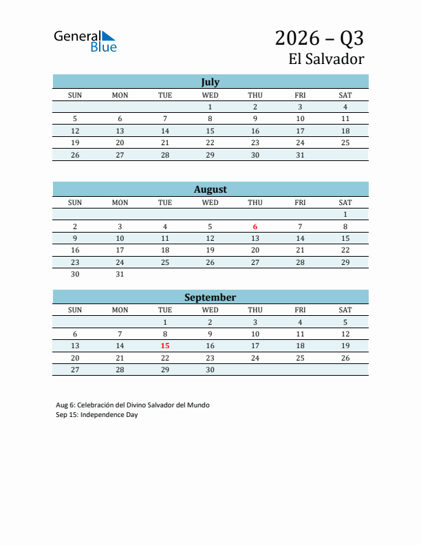 Three-Month Planner for Q3 2026 with Holidays - El Salvador