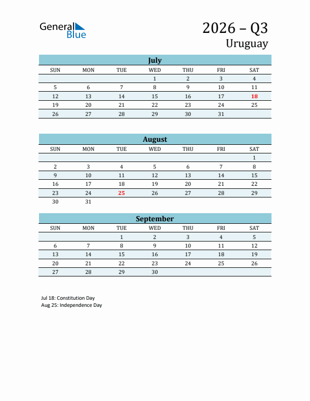 Three-Month Planner for Q3 2026 with Holidays - Uruguay