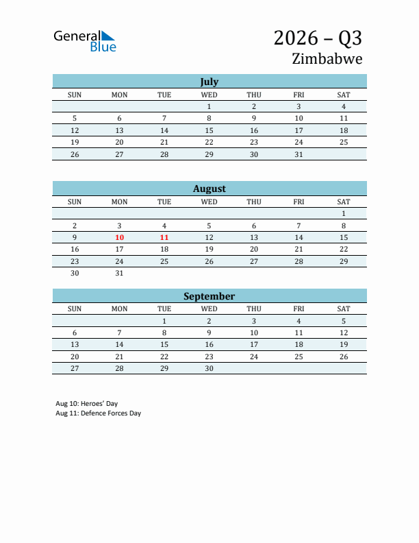 Three-Month Planner for Q3 2026 with Holidays - Zimbabwe