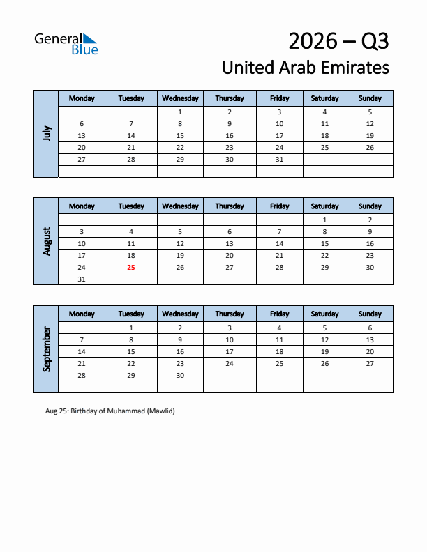 Free Q3 2026 Calendar for United Arab Emirates - Monday Start