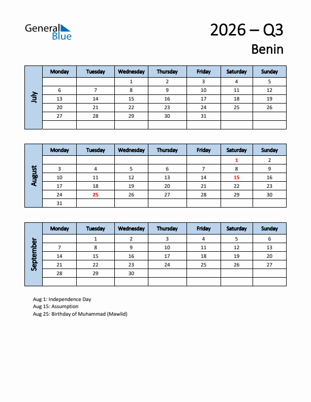 Free Q3 2026 Calendar for Benin - Monday Start