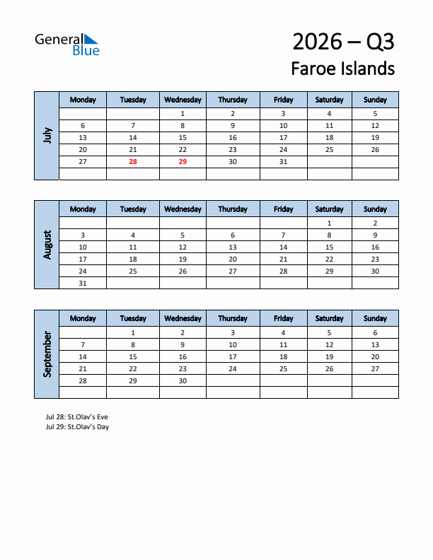 Free Q3 2026 Calendar for Faroe Islands - Monday Start