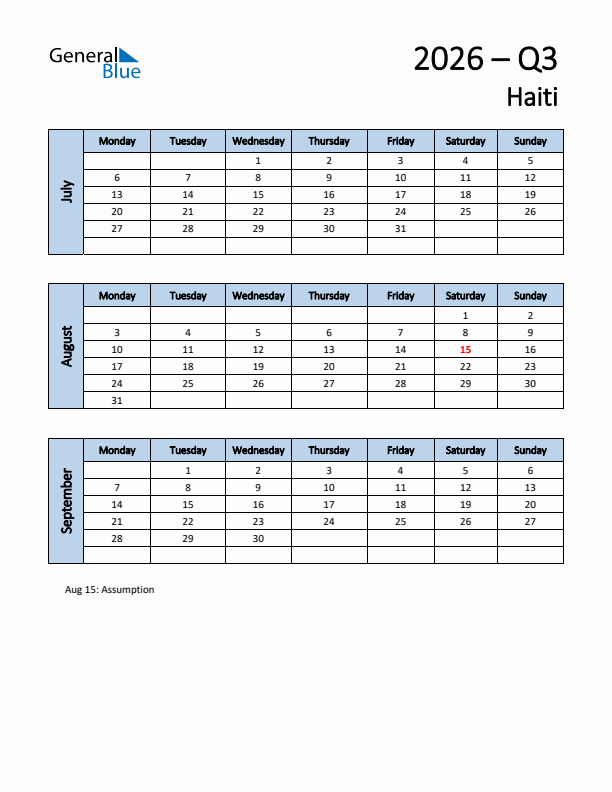 Free Q3 2026 Calendar for Haiti - Monday Start