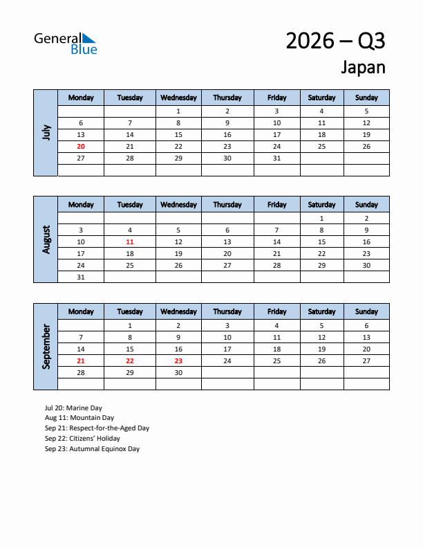 Free Q3 2026 Calendar for Japan - Monday Start
