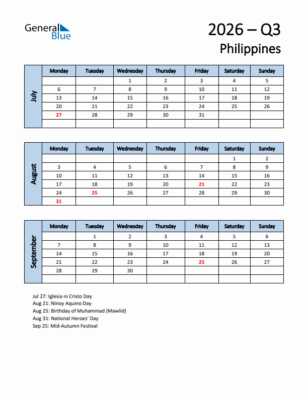 Free Q3 2026 Calendar for Philippines - Monday Start