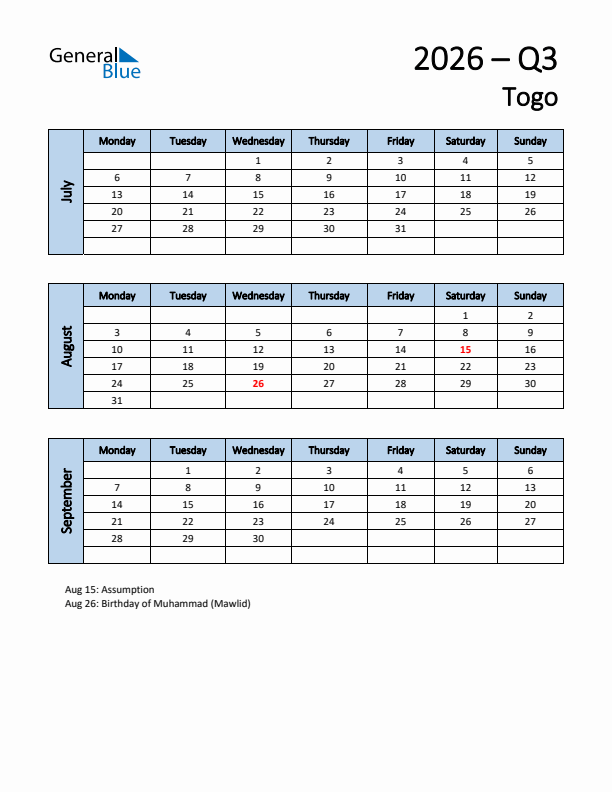 Free Q3 2026 Calendar for Togo - Monday Start