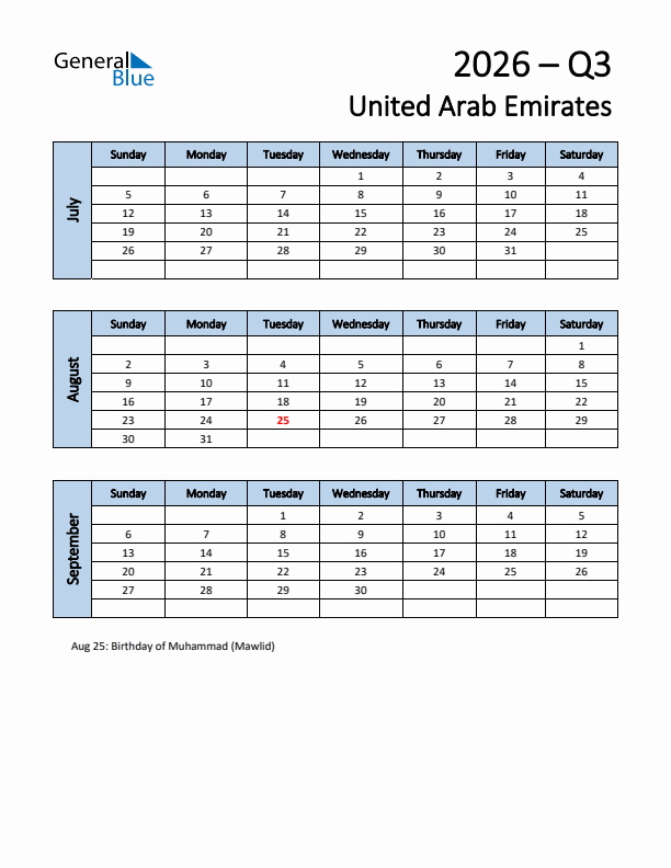 Free Q3 2026 Calendar for United Arab Emirates - Sunday Start
