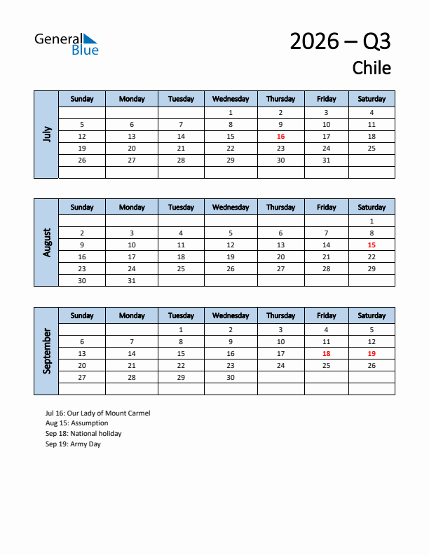 Free Q3 2026 Calendar for Chile - Sunday Start