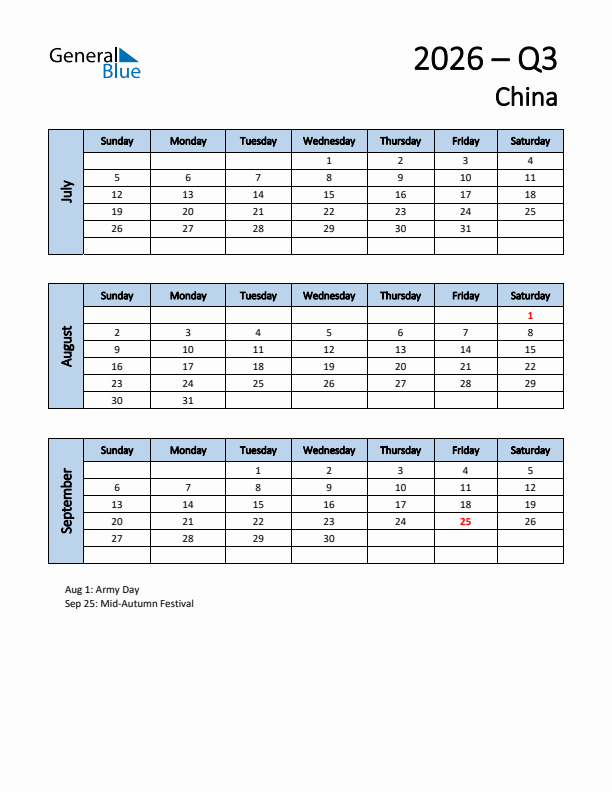 Free Q3 2026 Calendar for China - Sunday Start