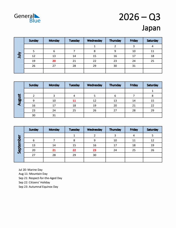 Free Q3 2026 Calendar for Japan - Sunday Start