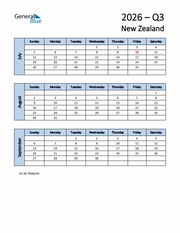 Free Q3 2026 Calendar for New Zealand - Sunday Start